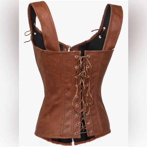 Leather-Look Bodice / Corset Top / Stays Brown Tan Fits Like XS / S Lace Up - Picture 3 of 14